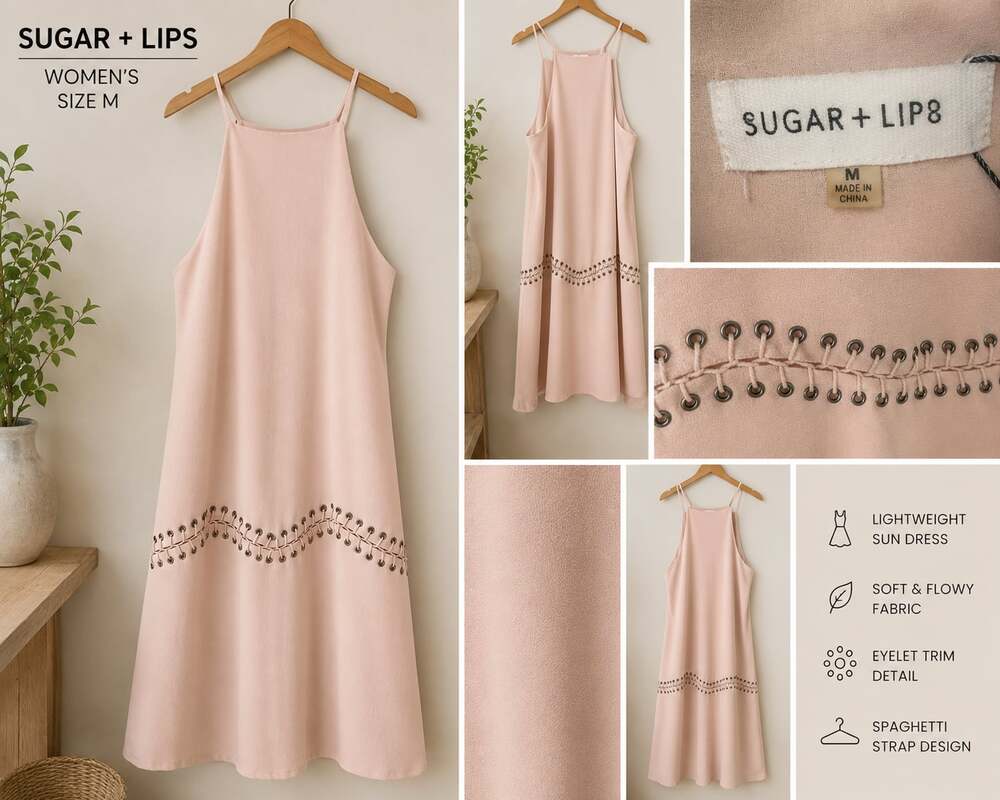 Sugar + Lips Women's Blush Pink Spaghetti Strap Sun Dress with Eyelet Trim Detai